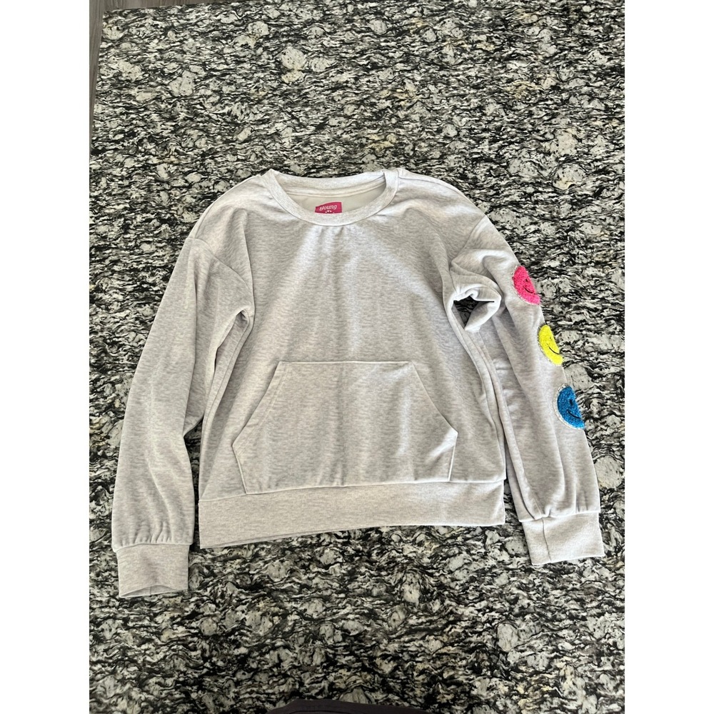 Young Hearts Girls Grey Smiley Face Sequin Sleeve Sweatshirt Size‎ 10 Pullover